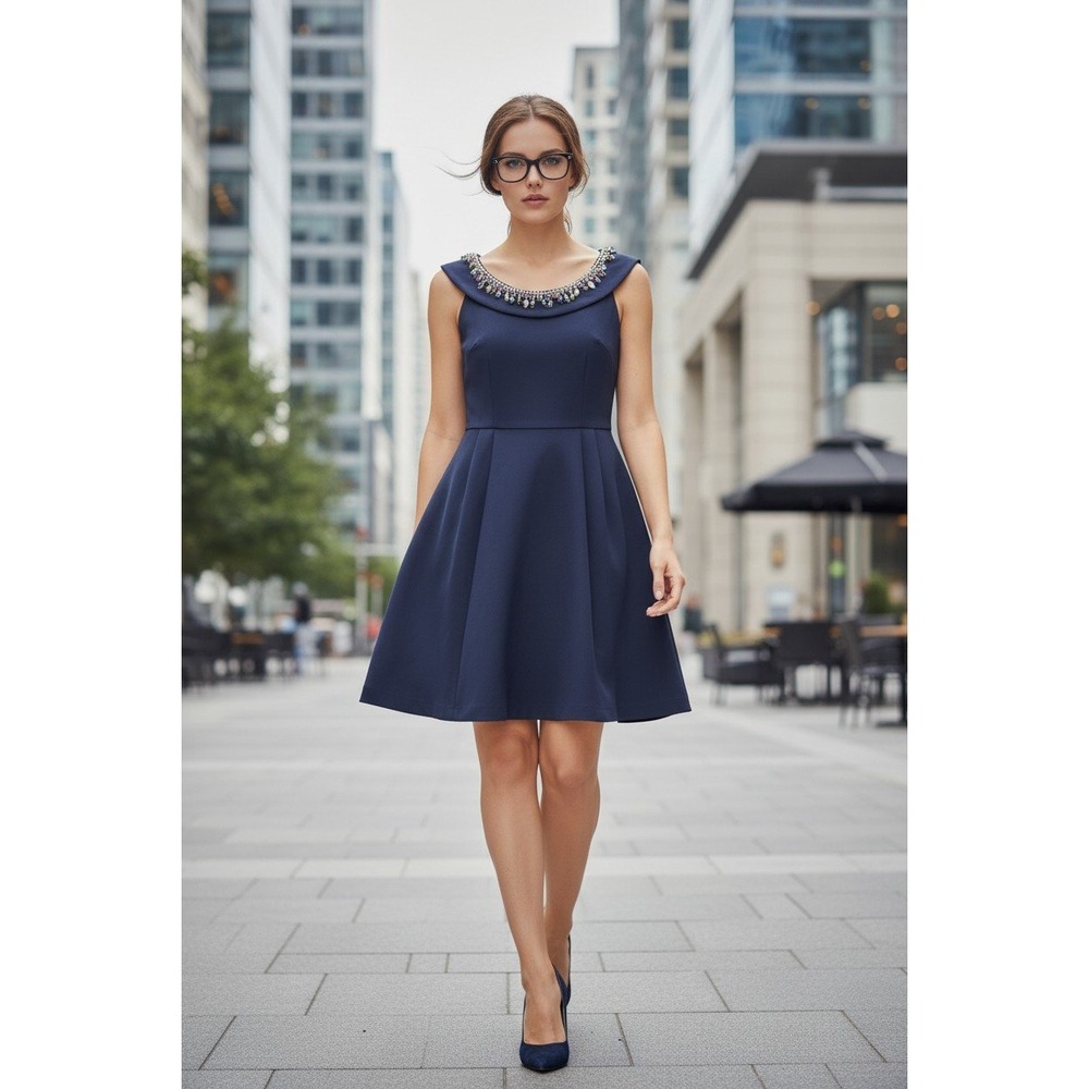Betsey Johnson Navy Blue Beaded Portrait‎ Neckline Fit and Flare Dress Womens 2